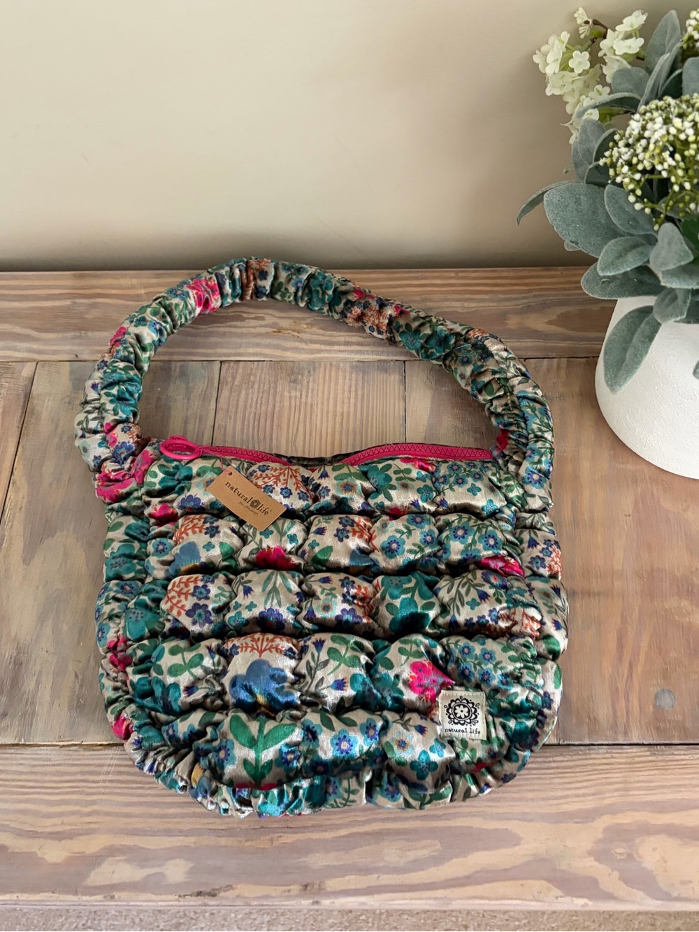 Natural Life Quilted Teal Floral Velvet Bag 🍂 🆕